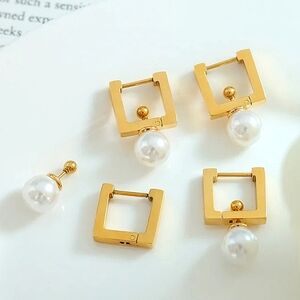 Highly polished minimalist pearl huggie gold earring; 3 ways to wear